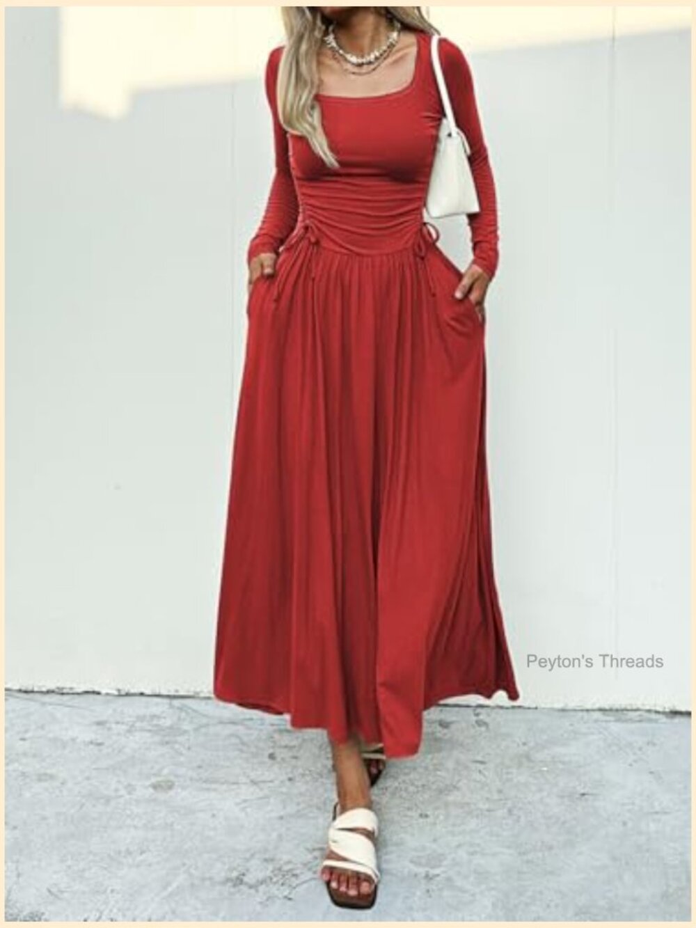 Long Sleeve Square Neck Maxi Dress Adjustable Waist Tie Casual A-Line Pleated - Picture 2 of 6